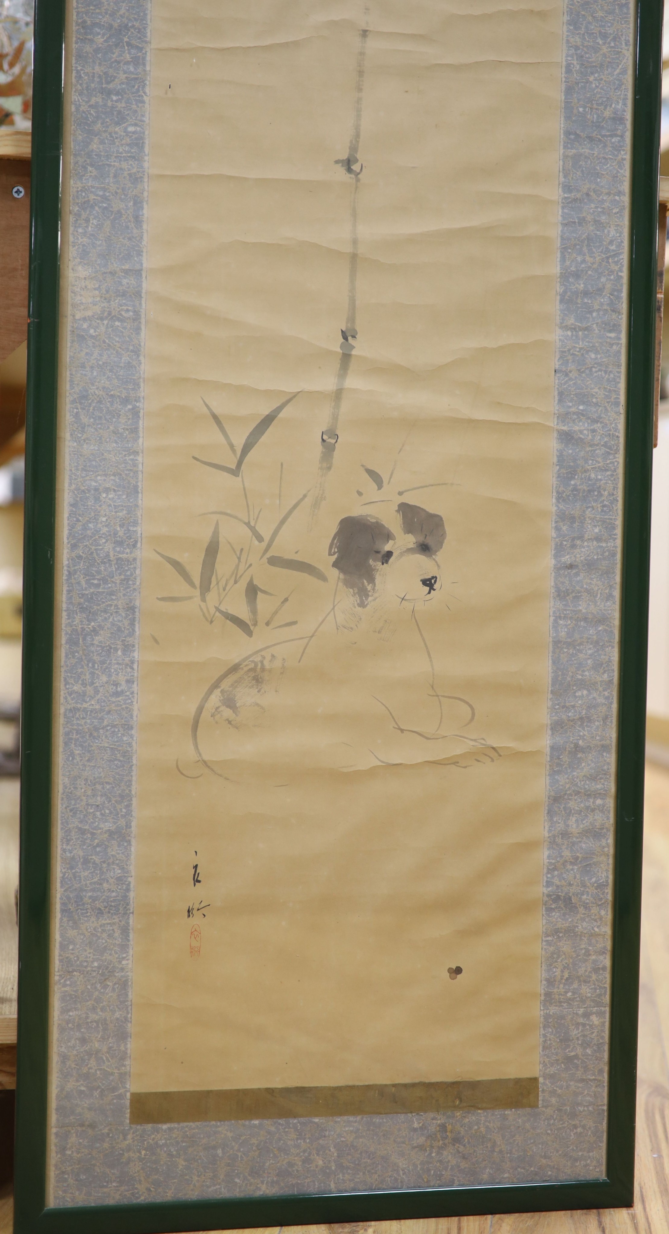 A 19th century Japanese ink painting on paper of a dog, image 96.5 x 32 cm